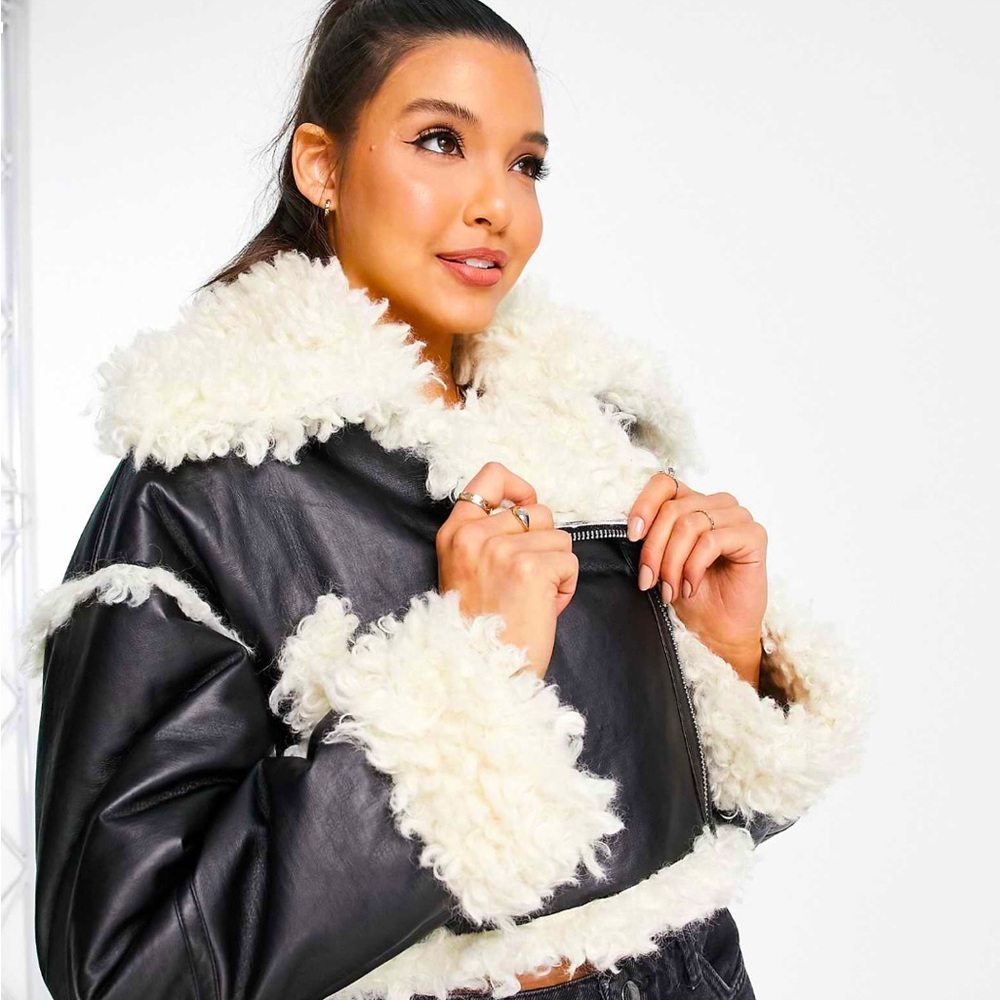 Miss Selfridge crop borg aviator jacket in black -ASOS